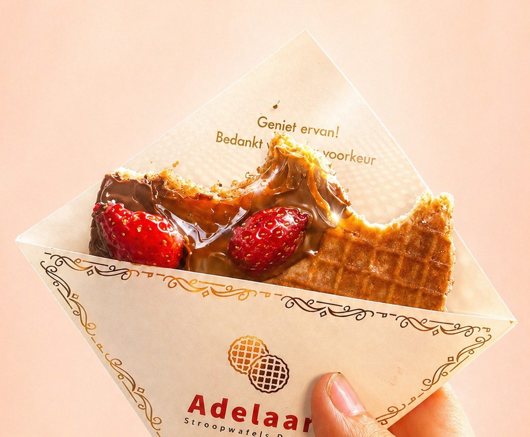Stroopwafel con chocolate y fresas servido en el cono de papel de Adelaar